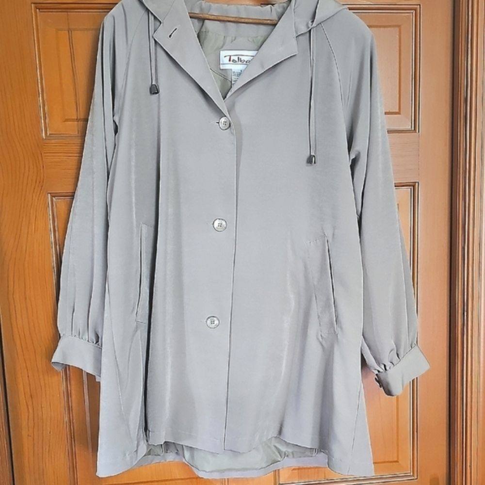 Talbots Lightweight Hooded Jacket Green Gray Khaki Button Up Size S
